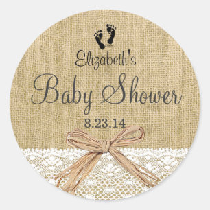 Burlap Lace and Footprints Baby Dusche- Gefallen Runder Aufkleber