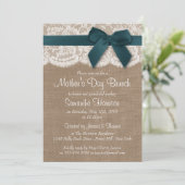 Burlap, Lace & Aquamarin Bow Mother Day Brunch Einladung (Stehend Vorderseite)