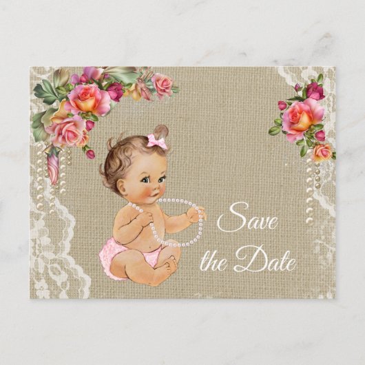 Burlap Lace Baby Dusche Save the Date Ankündigungspostkarte (Vorderseite)