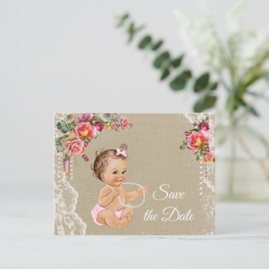 Burlap Lace Baby Dusche Save the Date Ankündigungspostkarte (Stehend Vorderseite)