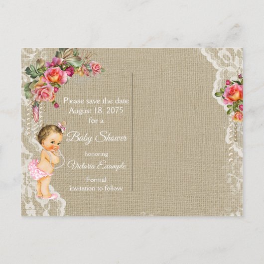 Burlap Lace Baby Dusche Save the Date Postkarten (Rückseite)