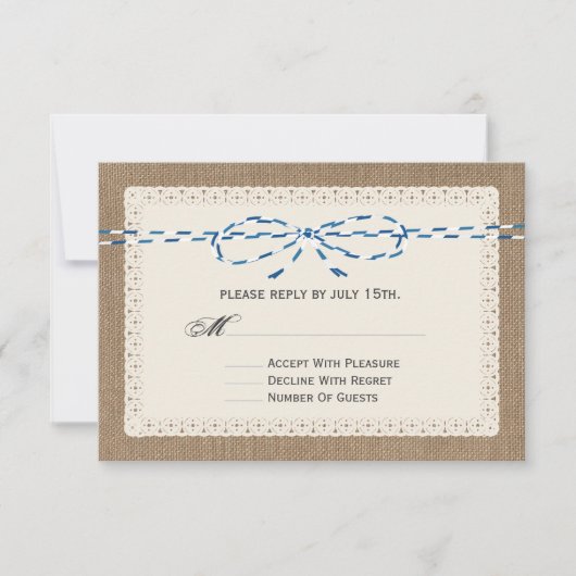 Burlap Lace & Blue Paper String Inspiriert UAWG RSVP Karte (Vorderseite)