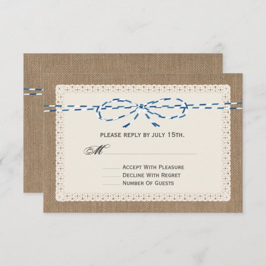 Burlap Lace & Blue Paper String Inspiriert UAWG RSVP Karte (Vorne/Hinten)