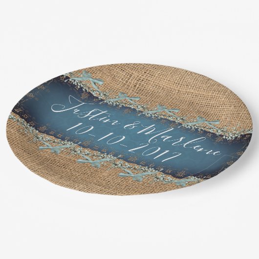 Burlap & Lace & Bows Hochzeit- oder Jubiläumsfeier Pappteller (Schrägansicht)