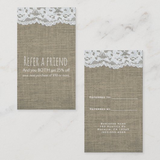 Burlap & Lace Einfach rustikal Elegante Empfehlungskarte (Vorne/Hinten)