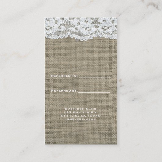 Burlap & Lace Einfach rustikal Elegante Empfehlungskarte (Rückseite)