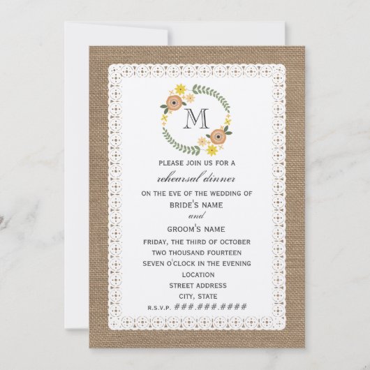 Burlap & Lace  Fall Probe Dinner Einladung (Vorderseite)