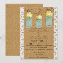 Burlap Lace gelbe Hydrangeas Mason-Glas lädt ein Einladung