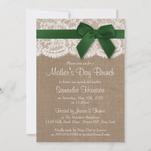 Burlap, Lace & Green Bow Muttertag Brunch Einladung (Vorderseite)