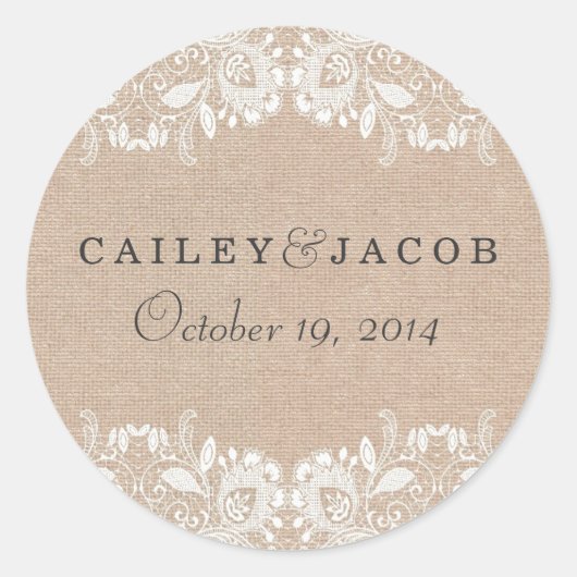 Burlap- & Lace-Hochzeitsticker Runder Aufkleber (Vorderseite)