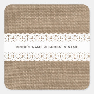 Burlap & Lace Inspiriert Hochzeitsticker Quadratischer Aufkleber