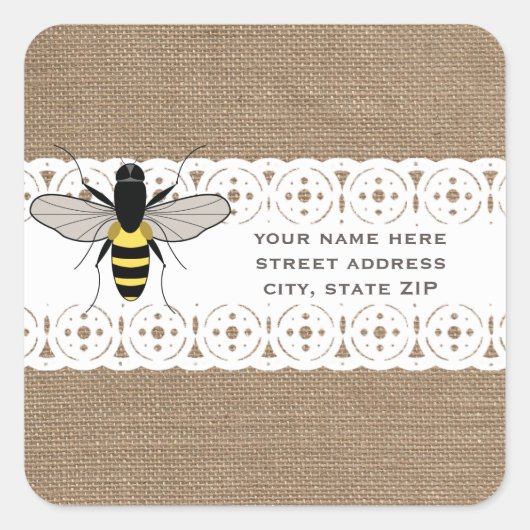 Burlap & Lace Inspiriert Honey Bee-Adresse Quadratischer Aufkleber (Vorderseite)