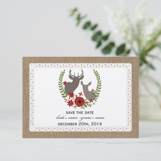 Burlap Lace Inspirierte Hirschweihnachtsfest Save  Save The Date (Stehend Vorderseite)