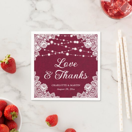 Burlap Lace Liebe und Dank Burgundy Wedding Serviette (Beispiel)