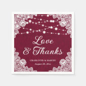Burlap Lace Liebe und Dank Burgundy Wedding Serviette (Vorderseite)
