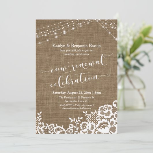 Burlap Lace Light Strings Vow Renewal Celebration Einladung (Stehend Vorderseite)
