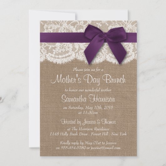 Burlap, Lace & Lila Bow Mother Day Brunch Einladung (Vorderseite)