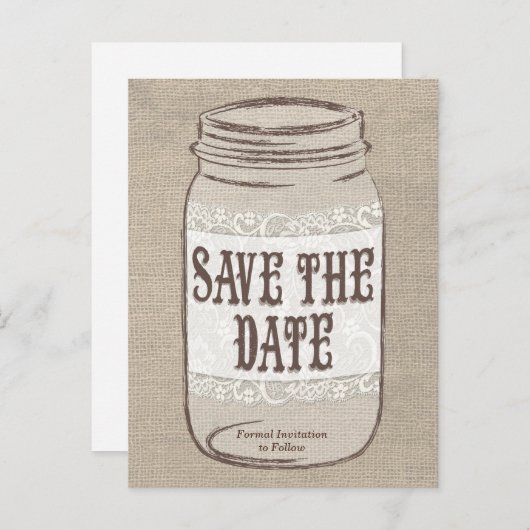 Burlap Lace Mason Jar Save the Date Ankündigungspostkarte (Vorne/Hinten)