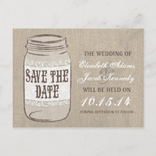 Burlap Lace Mason Jar Save the Date Ankündigungspostkarte