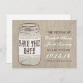 Burlap Lace Mason Jar Save the Date Ankündigungspostkarte (Vorne/Hinten)