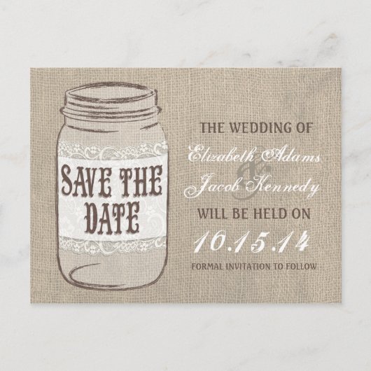 Burlap Lace Mason Jar Save the Date Ankündigungspostkarte (Vorderseite)