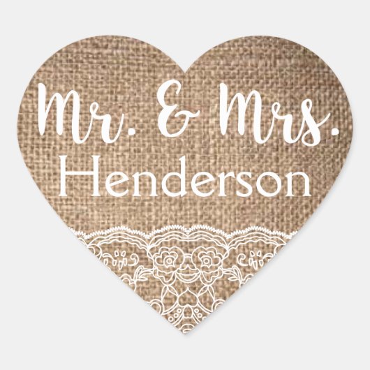 Burlap & Lace, Mr. & Mrs. Stickers- Gastgeschenke Herz-Aufkleber (Vorderseite)