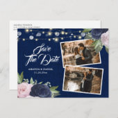 Burlap Lace Navy Blue Blush Save the Date Foto Ankündigungspostkarte (Vorne/Hinten)