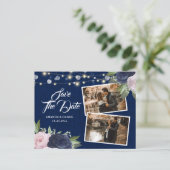 Burlap Lace Navy Blue Blush Save the Date Foto Ankündigungspostkarte (Stehend Vorderseite)