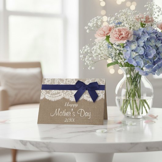 Burlap, Lace & Navy Bow Happy Mother Day Karte