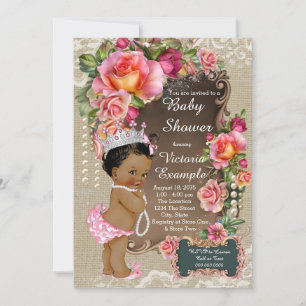 Burlap Lace Pearl Ethnic Princess Baby Dusche Einladung