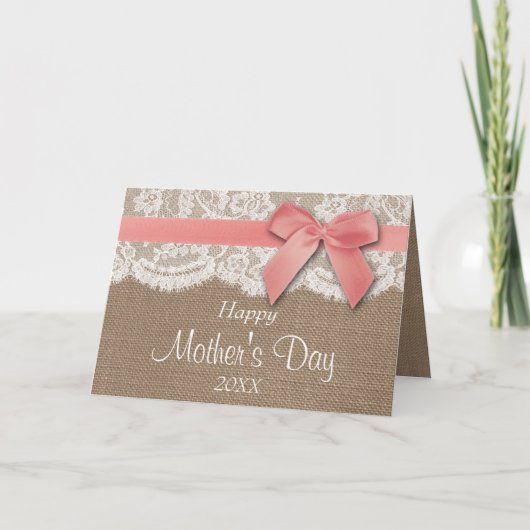 Burlap, Lace & Pink Bow Happy Mother Day Karte (Vorderseite)
