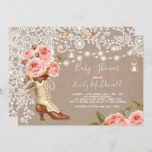 Burlap Lace Pink Floral Baby Shower Cowgirl Boots Einladung (Vorne/Hinten)