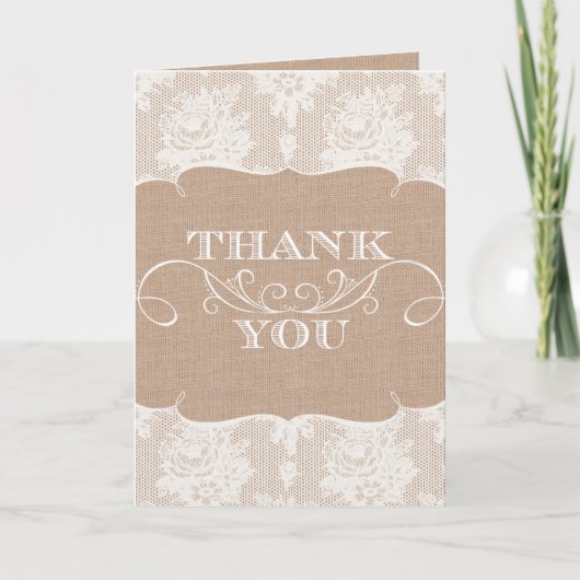 Burlap & Lace Print Wedding Danke Karten (Vorderseite)