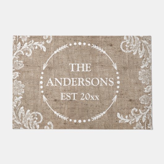 Burlap Lace Rustic Chic Personalisierter Name Fußmatte (Vorderseite)