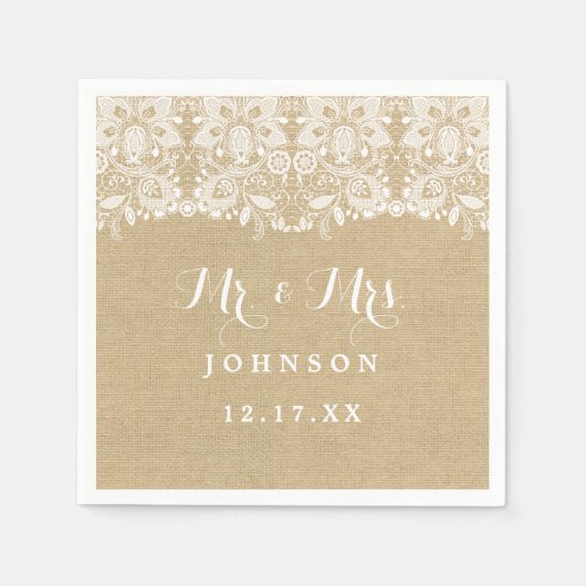 Burlap Lace Rustic Wedding Paper Napkins Serviette (Vorderseite)
