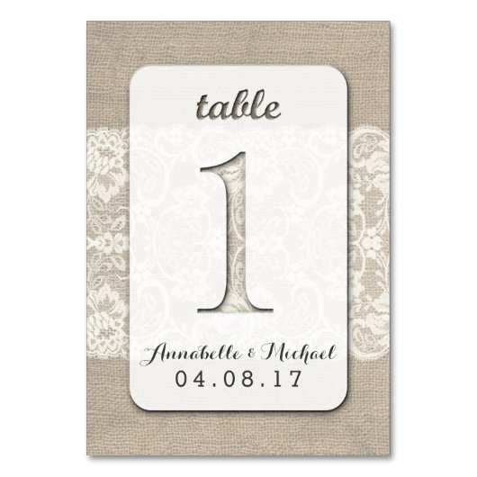 Burlap Lace Rustic Wedding Tischnummer Card 1 (Vorderseite)