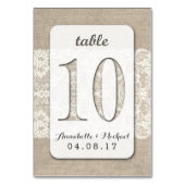 Burlap Lace Rustic Wedding Tischnummer Card 10 (Vorderseite)