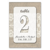 Burlap Lace Rustic Wedding Tischnummer Card 2 (Vorderseite)
