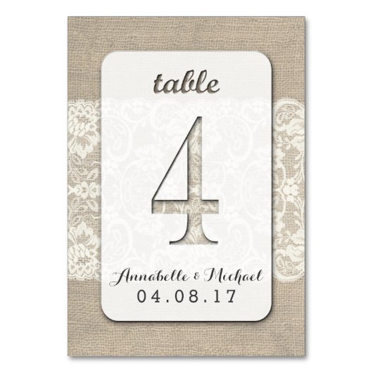 Burlap Lace Rustic Wedding Tischnummer Card 4 (Vorderseite)