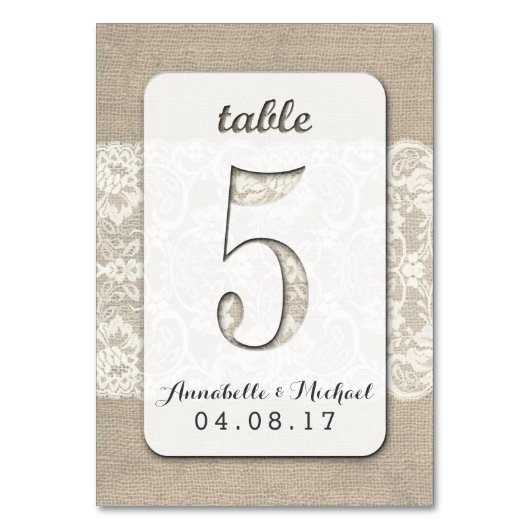 Burlap Lace Rustic Wedding Tischnummer Card 5 (Vorderseite)