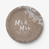 Burlap Lace silber Glitzer Mr & Mrs. rustic weddin Pappteller (Vorderseite)