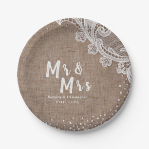 Burlap Lace silber Glitzer Mr & Mrs. rustic weddin Pappteller
