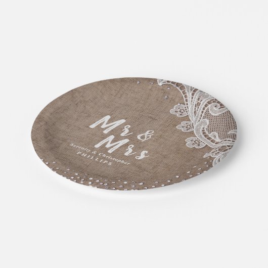 Burlap Lace silber Glitzer Mr & Mrs. rustic weddin Pappteller (Schrägansicht)