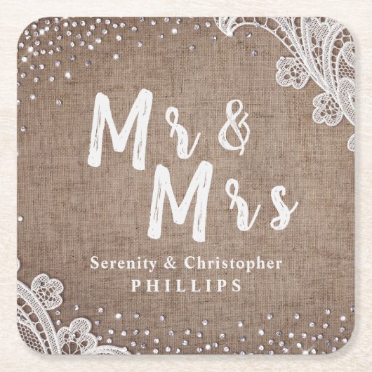 Burlap Lace silber Glitzer Mr & Mrs. rustic weddin Rechteckiger Pappuntersetzer (Vorderseite)