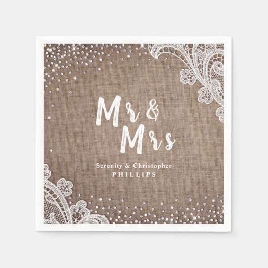 Burlap Lace silber Glitzer Mr & Mrs. rustic weddin Serviette (Vorderseite)