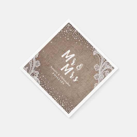 Burlap Lace silber Glitzer Mr & Mrs. rustic weddin Serviette (Ecke)