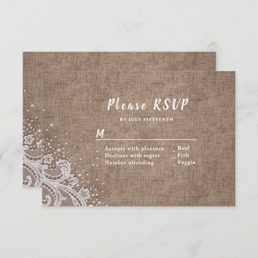 Burlap Lace silber Glitzer rustikale Hochzeit RSVP (Vorne/Hinten)