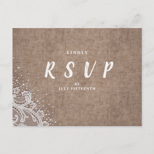 Burlap Lace silber Glitzer rustikale Hochzeit RSVP Einladungspostkarte (Vorderseite)