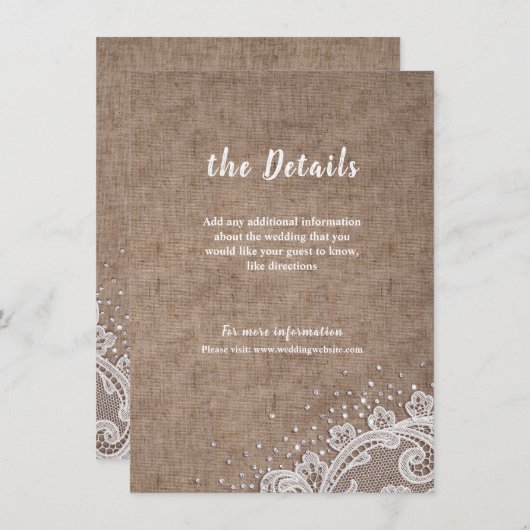Burlap Lace silber Glitzer rustikale Hochzeitsdeta Begleitkarte (Vorne/Hinten)