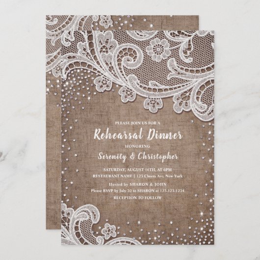 Burlap Lace silber Glitzer rustikale Probe Dinner Einladung (Vorne/Hinten)